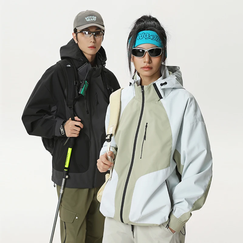 

Outdoor Hooded Cargo Jacket Men Women Splice Fashion Loose Casual Techwear 3 Proof Jacket Couple Track Coat Outerwear
