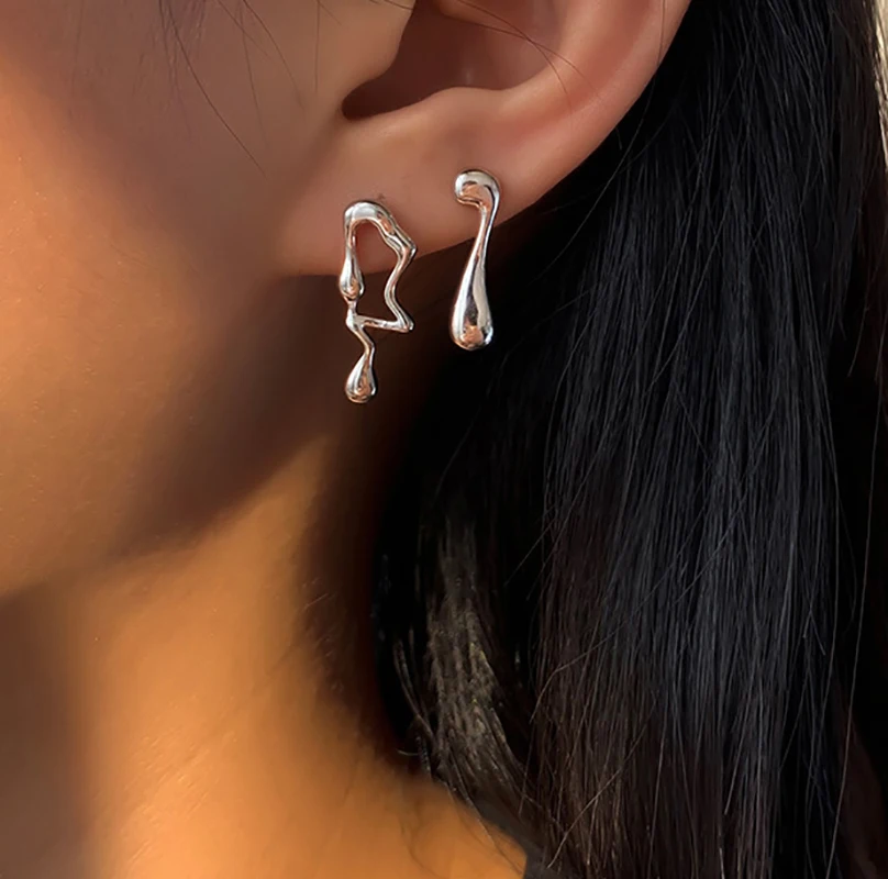 VENTFILLE 925 Sterling Silver Asymmetric Lava Earrings Women\'s Premium Hip Hop Earrings Niche Light Luxury Personality