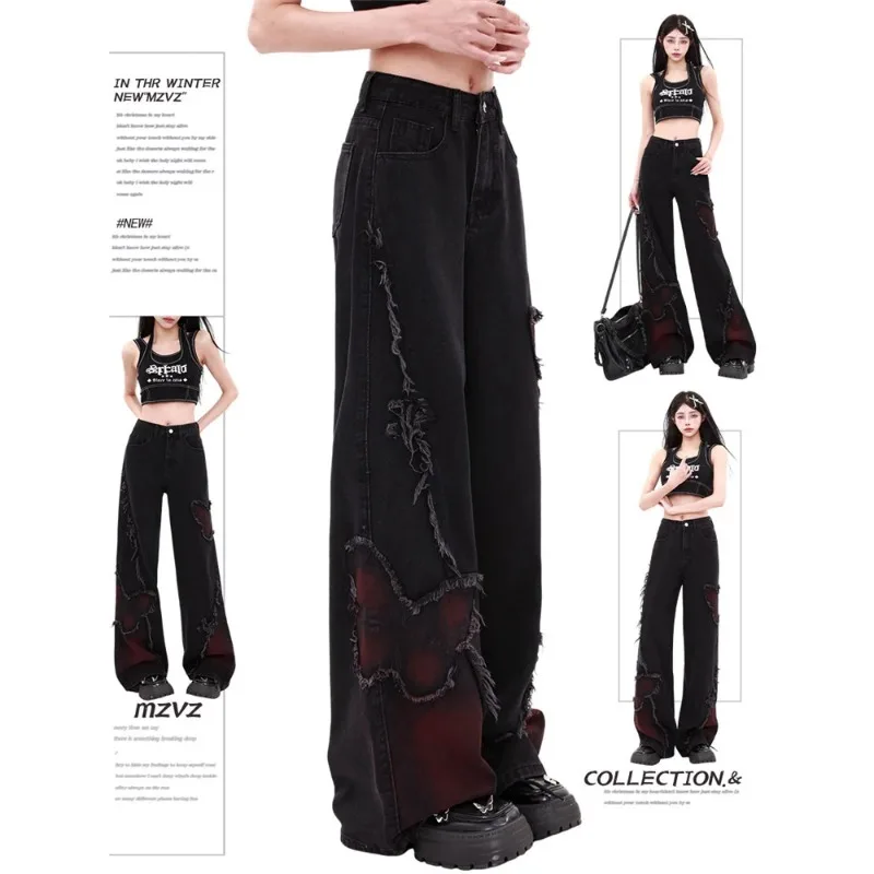 

Women's Black Baggy Jeans Harajuku Y2k Aesthetic Butterfly Denim Trousers Korean Jean Pants Vintage Wide Leg Pants