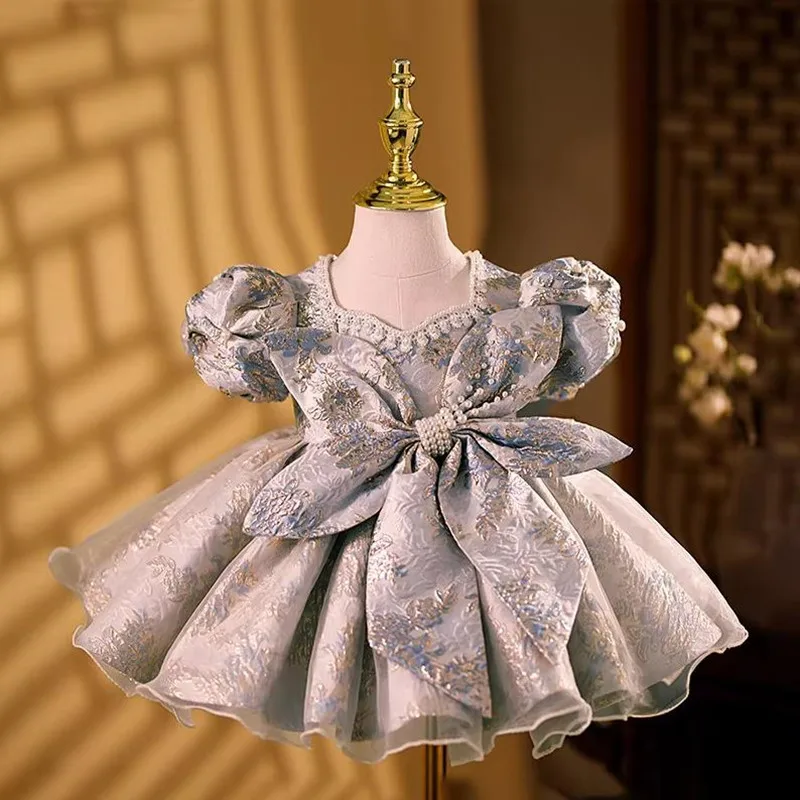 Girls Spanish Floral Pearls Ball Gown Baby Lolita Princess Dresses Infant Birthday Christening Dress Girl Boutique Clothes A1354