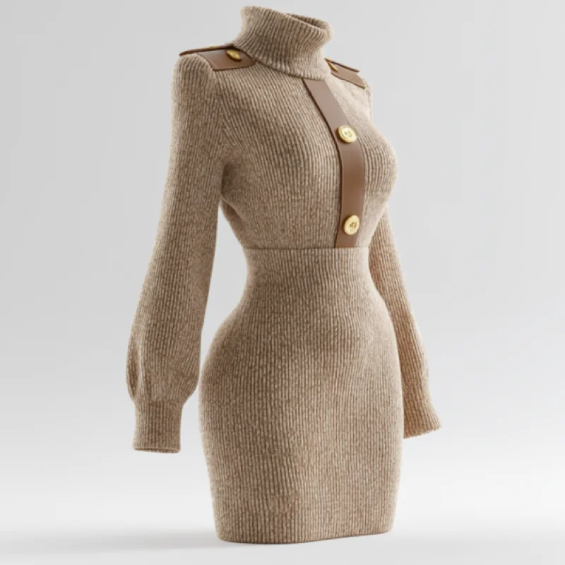 

Женское осенне-зимнее платье-кабель с высоким воротником - тонкое облегающее платье-свитер с застежкой на талии