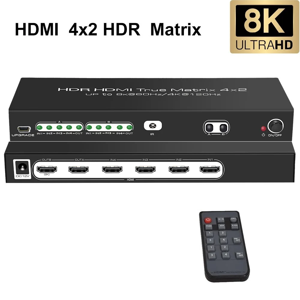 HDMI-compatible Switcher 4K 120Hz 8K Splitter Matrix 4 In 2 Out Remote Control Dolby Vision Atmos VRR HDR HLG ALLM for PS5 Xbox