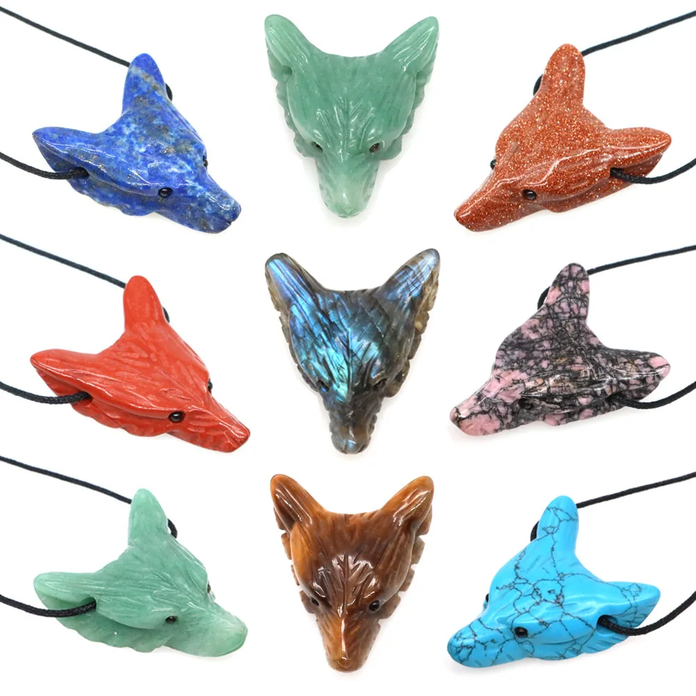 35mm Wolf Head Pendant Natural Stone Healing Crystal Quartz Energy Gems Animal Hand Carved Crafts DIY Necklace Accessories Gifts