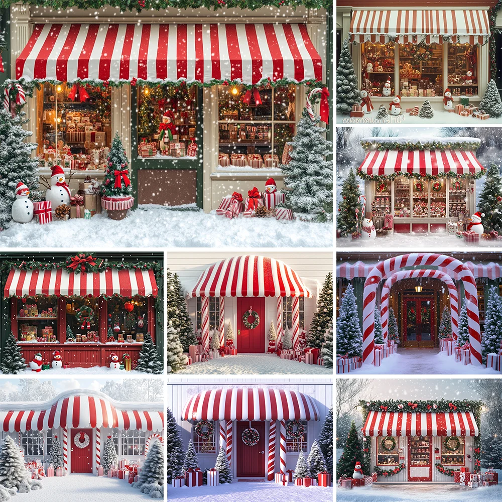

Photography Background Winter Christmas Candy Store Window Snowy Xmas Kids Family Portrait Decor Backdrop Photo Studio