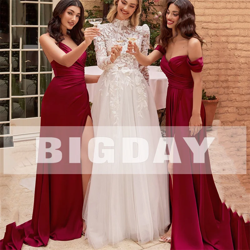 Elegant A-Line Wedding Dresses 2024 Women High Collar Long Sleeve Lace Applique Tulle Bridal Gown Sweep Train Vestidos De Noiva