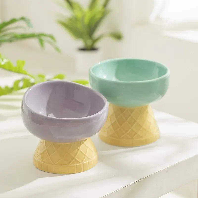 Cat Cute Ceramic Bowl Ice Cream Shape Puppy Dogs Food Water Feeders Elevated Raised Pet Tilted Drinking Eating Accessories