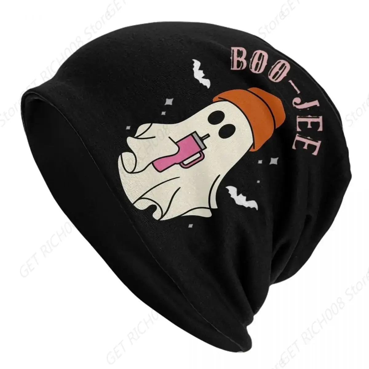 Boo-Jee Stanley'S Funny Halloween Skullies Pumpkin Ghost Skullies Caps Women Graphic Print Warm Dual-Use Bonnet Knitted Hat