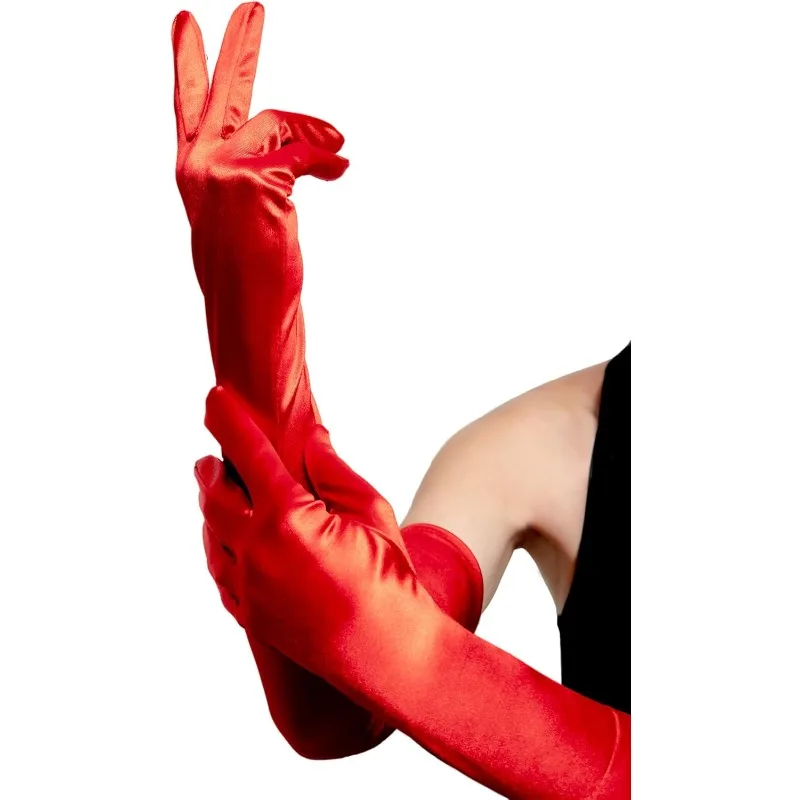 Long Red Satin Opera Gloves For Women, Mrs Claus, Cruella Deville, Red Riding Hood-Accessories for Halloween Costumes for Women