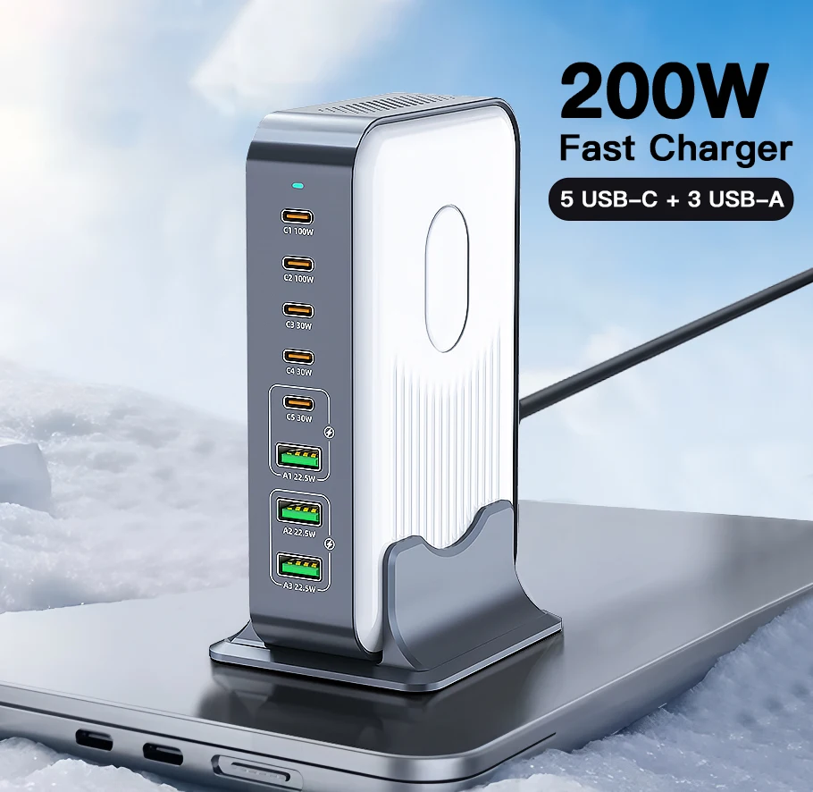 

200 Вт 6-портовое зарядное устройство GaN PD Быстрое зарядное устройство для PD3.0 USB C 100 Вт USB A 22,5 Вт Универсальное для iPhone Samsung Телефоны Планшеты