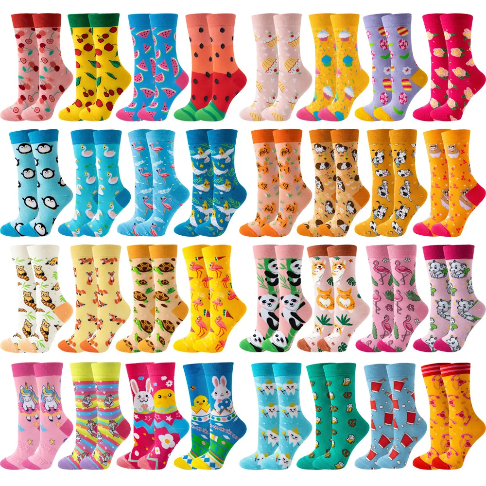 4 Pairs 2024 New Colorful Funny Fashion Happy Casual Women Socks Harajuku Cute Cartoon Cat Dog Cherry Flamingos Cotton Socks