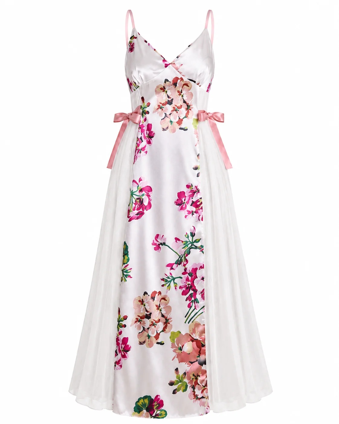 Satin Nightgown for Women Floral Print Chemise Dress Sheer Mesh Side Panels Bridal Date Night