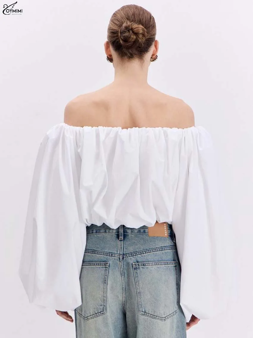 Oymimi, blusas elegantes de algodón blanco para mujer, blusas holgadas sin tirantes con mangas abullonadas a la moda, Tops cortos lisos para otoño, ropa femenina