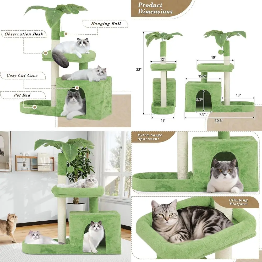 

Athena Collection Small Cat Tree Tower with Scratching Post, 32 Inch Modern Cute Cat Tree Condo with Cozy Perch Haing Ball Green