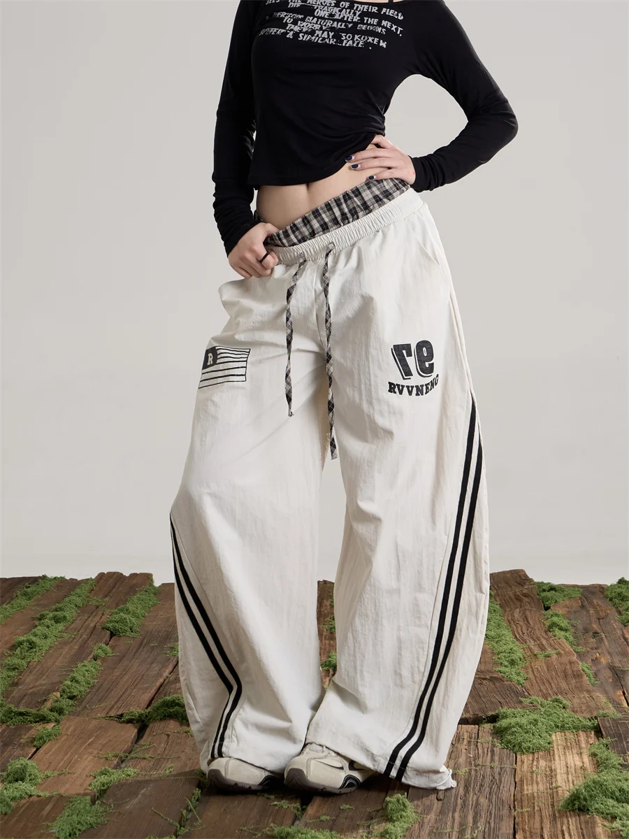 

Onlpp American Sports Style Striped Patchwork Double Waist Knife Casual Pants Women Loose Slimming Drawstring Wide Leg Pants