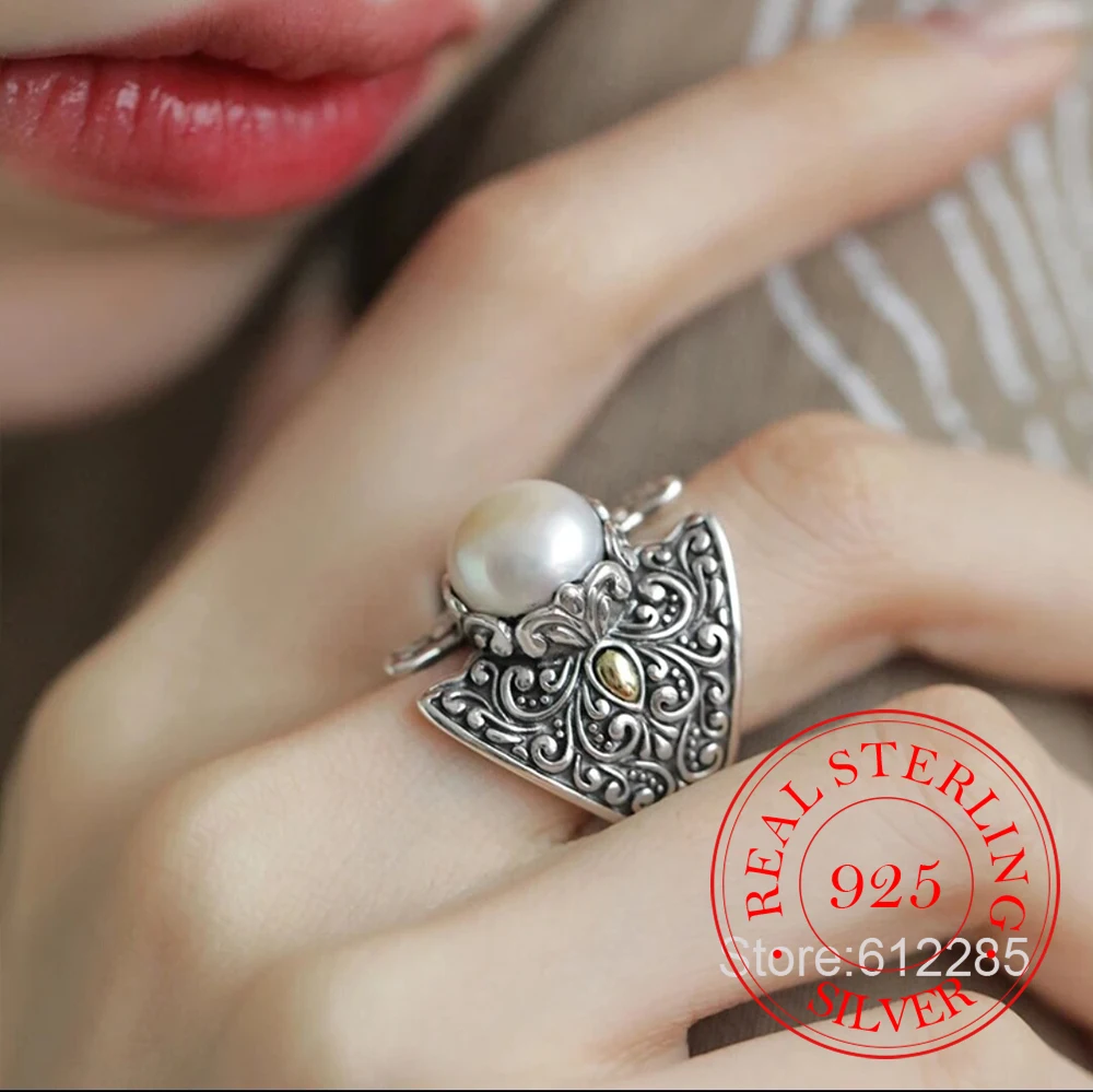 

925 Sterling Silver Jewelry Vintage Embossed Shield Pearl Finger Rings for Women Wedding Party Jewelry For Girls Friend Gift