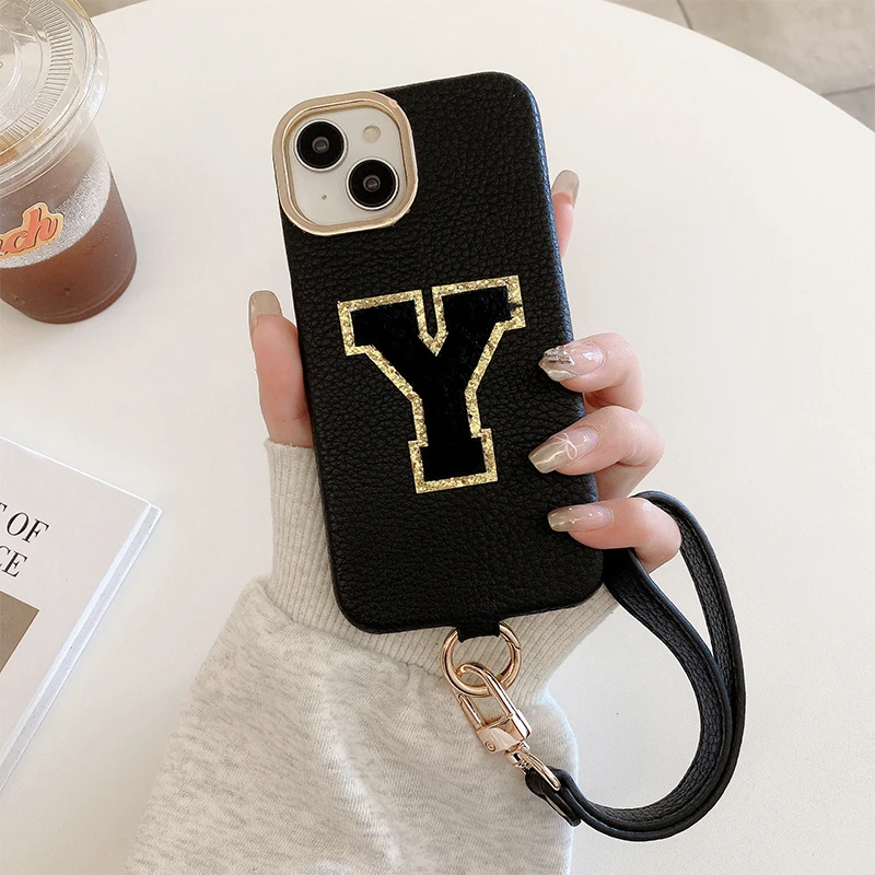 Personalized Embroidered Letter Name Initials Leather Phone Case for iPhone16 15 14 13 12 11ProMax 16Plus Short Rope Cover