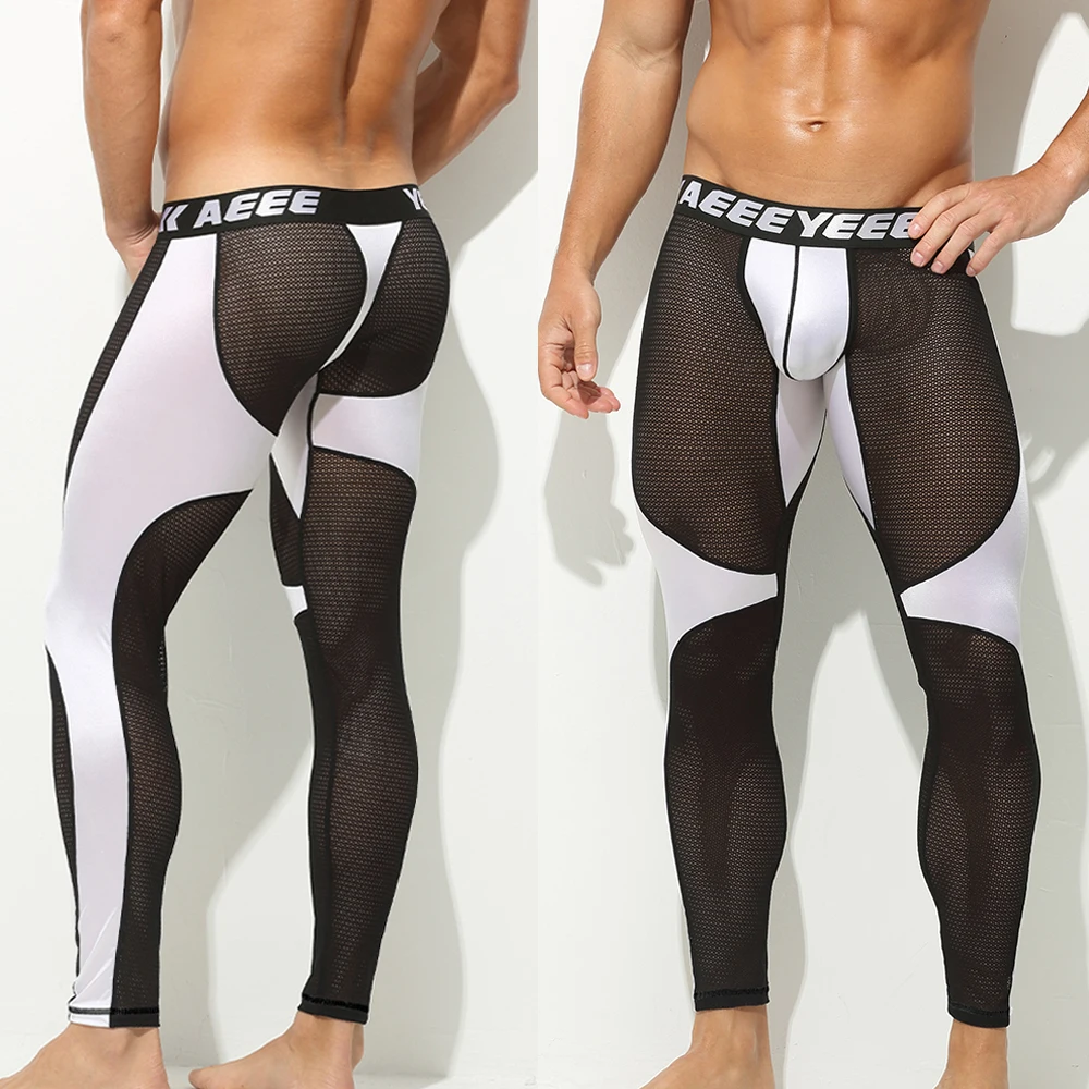 

Men Sexy Smooth High Elastic Low Waist Trousers Underpants Pants Mesh Patchwork Leggings Breathable Fitness Yoga Joggers Tights