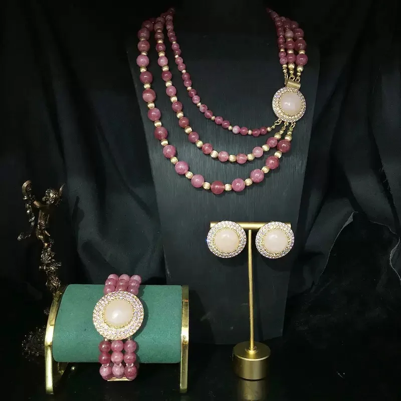 

New Vintage Court Style Crystal Bead Multi Layer Necklace Bracelet Earrings Three Pieces Set Fashion Women Jewelry Set