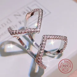 Real Carve 925 Sterling Silver Geometry Cross Ring for Fashion Women Party Exaggeration Zircon Fine Jewelry OL Accessories