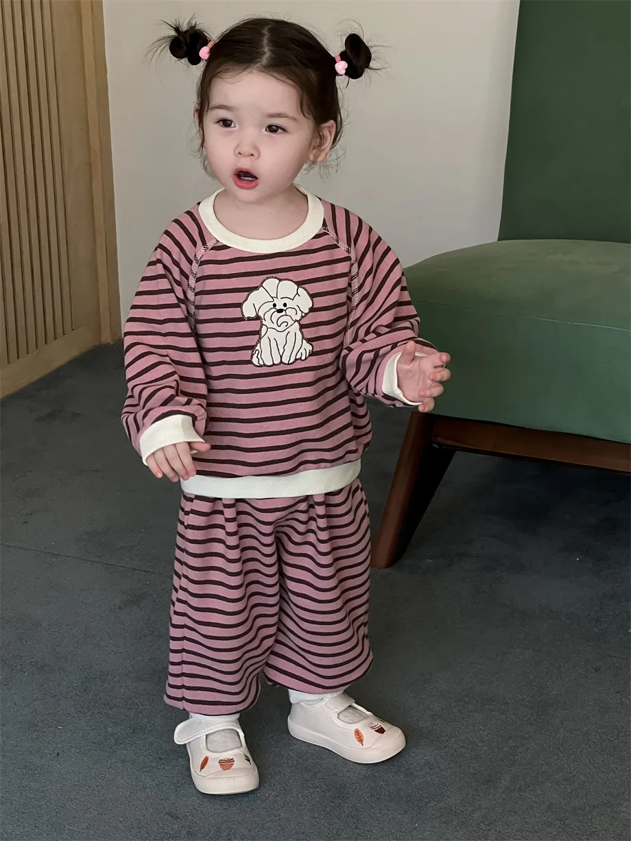 2024 Autumn New Baby Casual Striped Clothes Set Infant Girl Long Sleeve Cartoon Sweatshirt + Pants 2pcs Suit Toddler Outfits