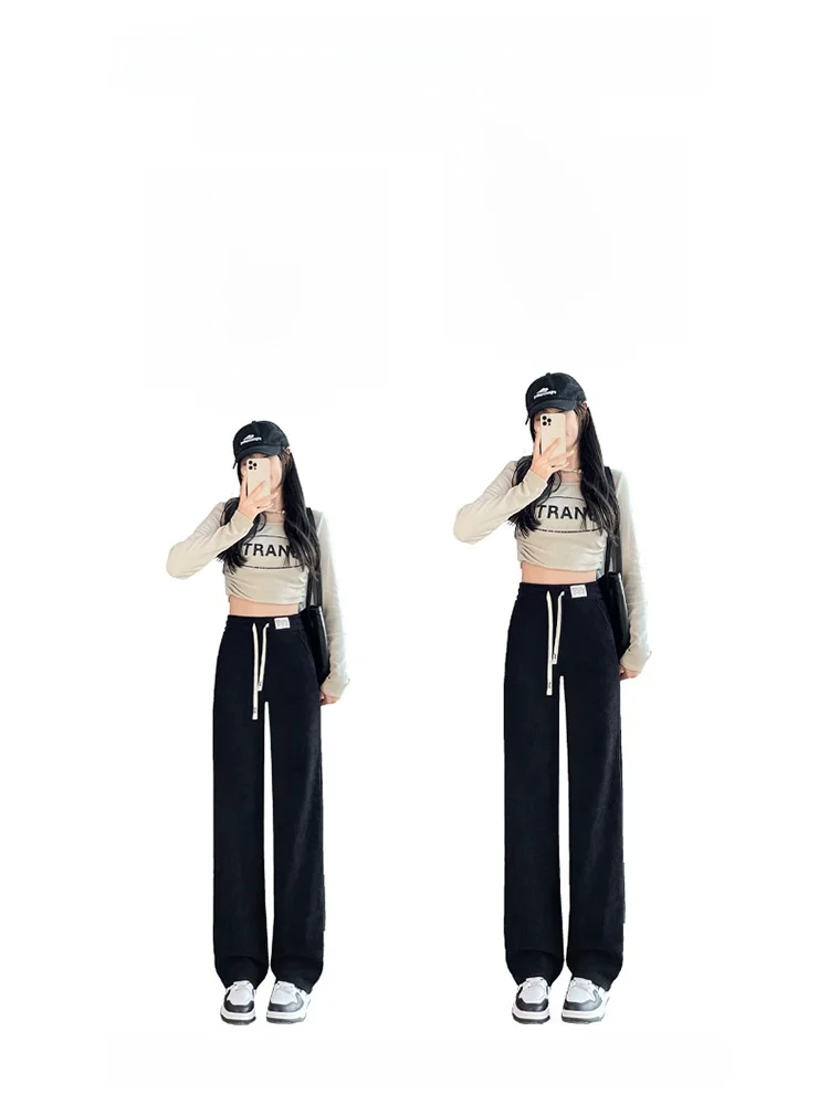 High Waist Slimming Fce Lined Thi Wide Leg Pants Women Loose Casual Small Size Straight Long Trousers Autumn Winter