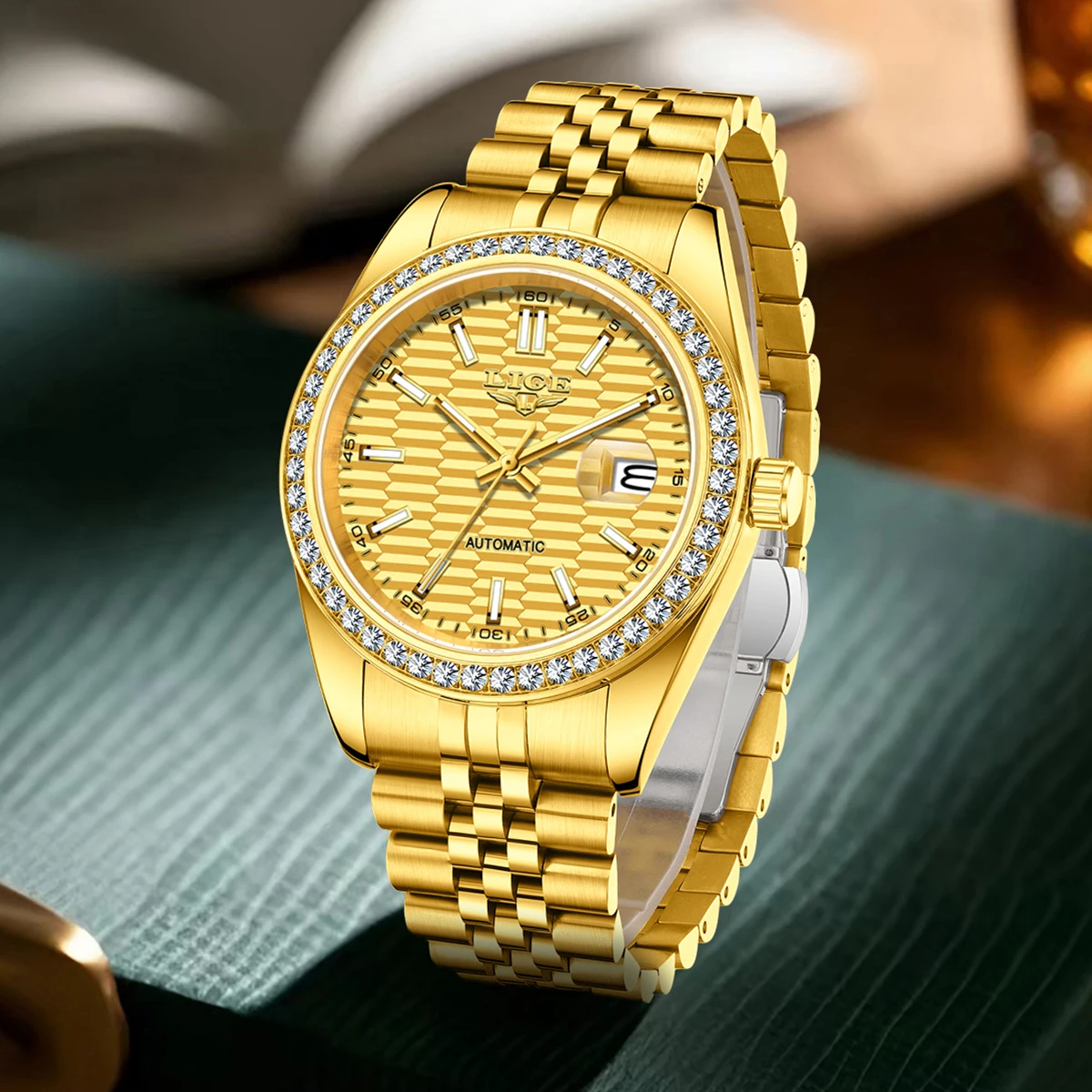 LIGE Orologio da uomo dorato Orologio meccanico automatico originale classico per uomo Relojs + scatola in acciaio inossidabile luminoso impermeabile