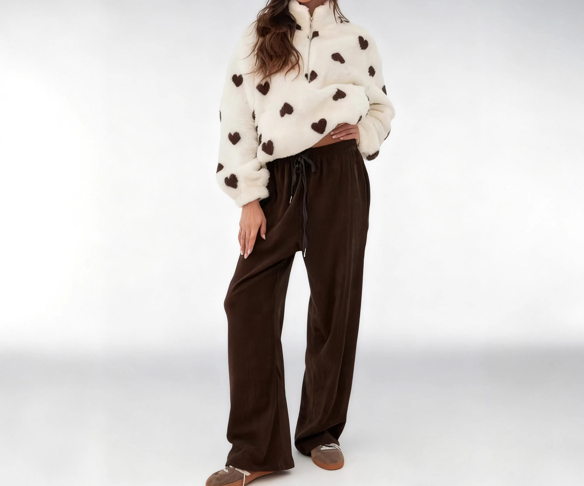 

2025 New Jacket Heart Print Stand Up Collar Loose Warm Jacket Casual