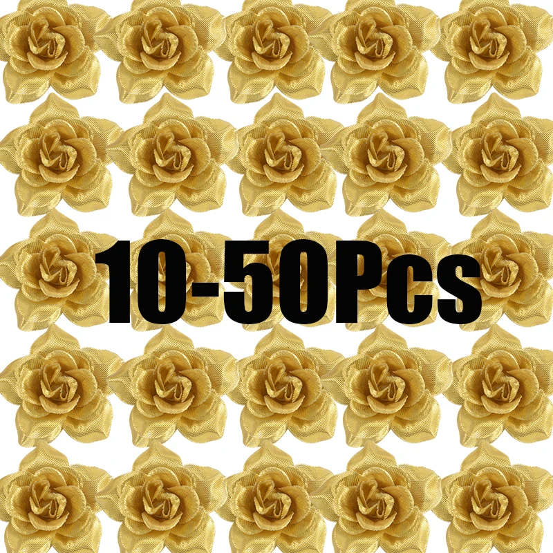 10-50pcs 6cm Gold Sliver Artificial Flower Head Silk Rose Fake Flowers Banquet For Wedding Home Decoration DIY Christmas Wreath