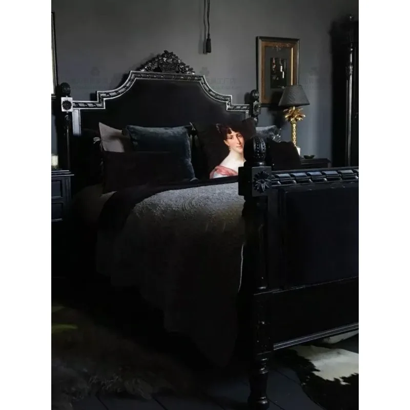 Amerikanisches Landhaus-Doppelbett mit weicher Rückenlehne und Schnitzereien, Prinzessinnenbett, französisches Retro-Bett aus schwarzem Massivholz, 1,8 Meter, Hauptschlafzimmer, Hochzeitsbett