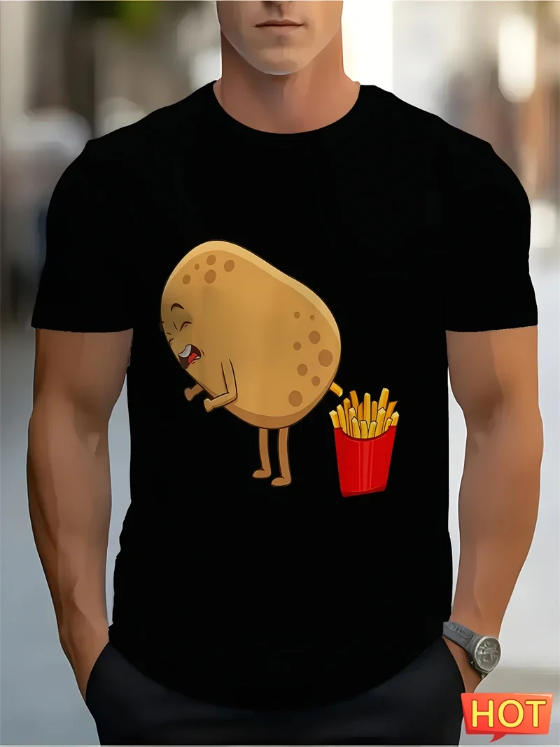 Men's Funny Potato Turning Into French Fries Graphic T-Shirt Humor Food Cartoon Short Sleeve Tee Summer Casual Party Top