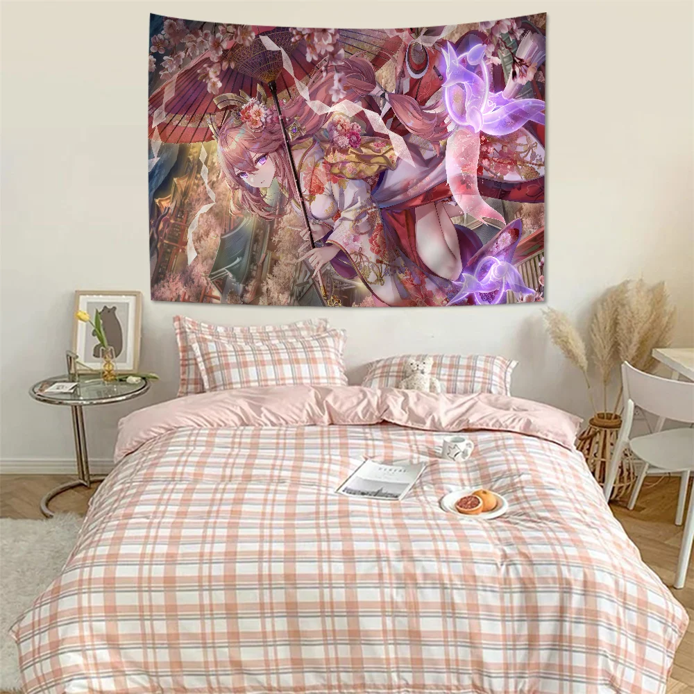 Cute Anime G-Genshin I-Impact Y-Yae M-Miko Hippie Wall Hanging Tapestries Bohemian Wall Tapestries Mandala INS Home Decor