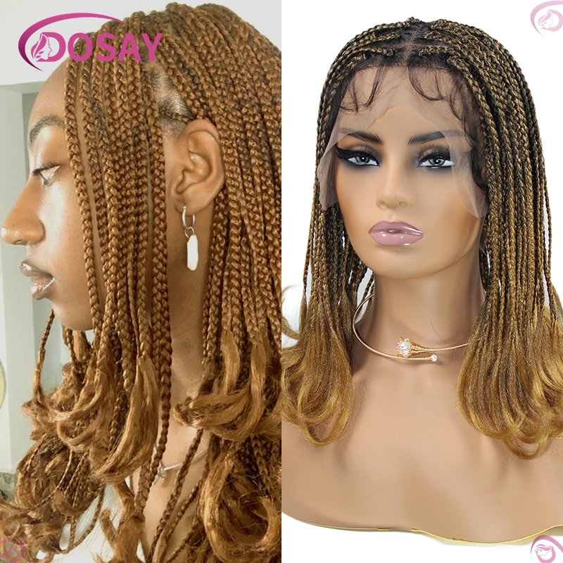 Peluca trenzada rubia sintética para mujeres negras, trenzas francesas cortas, peluca trenzada de caja sin nudos, Peluca de cabello trenzado frontal de encaje completo, 12"