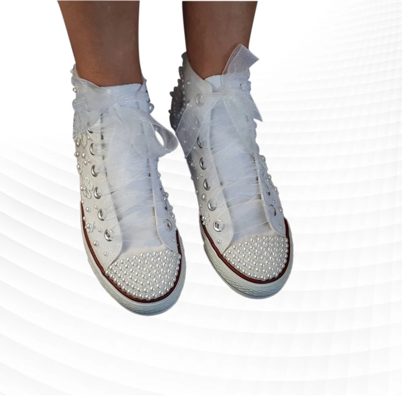 Heavy pearl flower ribbon wedding banquet plus-size women\'s shoes creative custom white lace-up casual sneakers 35-44
