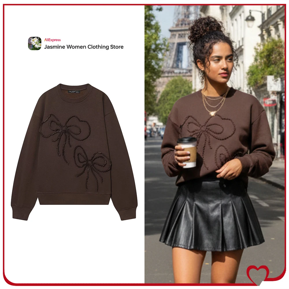 

Элегантные шикарные свитшоты с тисненым бантом для женщин: новинка, коричневые пуловеры, повседневные свитшоты с круглым вырезом, длинными рукавами и ребристой отделкой