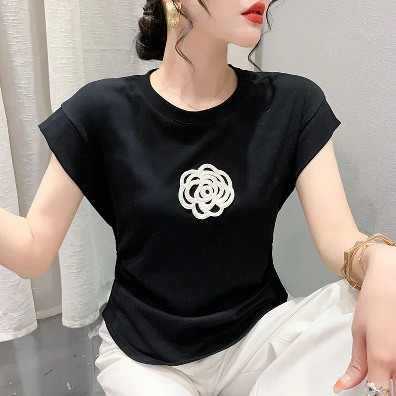 

2024 New Summer European Clothes Cotton Solid T-Shirt Fashion Sexy Beading Flower Women's Tops Sleeveless All Match Tees 33057