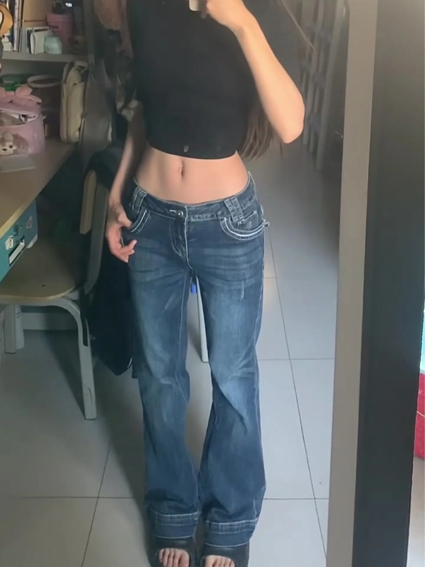 

Summer 2026 Washed Deep Blue American Style Bell Bottom Jeans Women's Slimming Low Waist Narrow Version Pants Sexy Denim Jeans