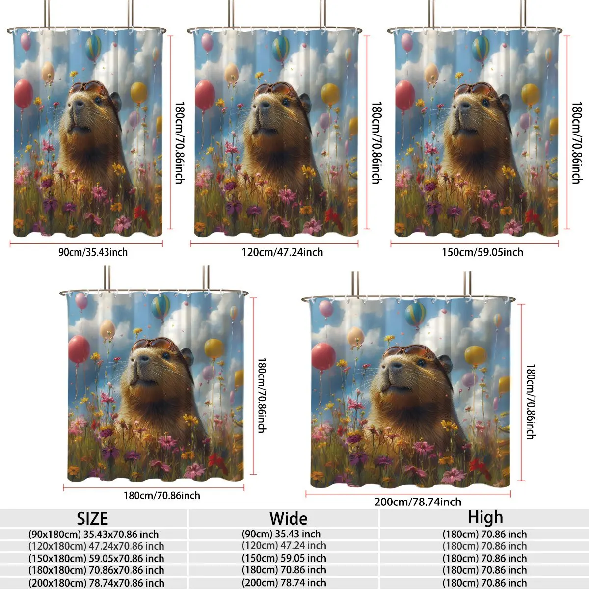 Fun Happy Capybara Wearing Sunglasses Colorful Balloons Blooming Wildflower Meadow Bright Sky Bath curtain, Cozy Soft Warm