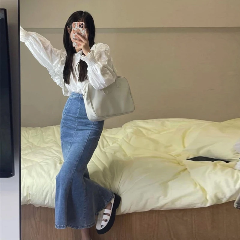 Women's Small Stature, High Waist, Elastic Korean Version With Buttocks, Fish Tail, Mid Length Skirt, Ruffled Edge, Split Denim