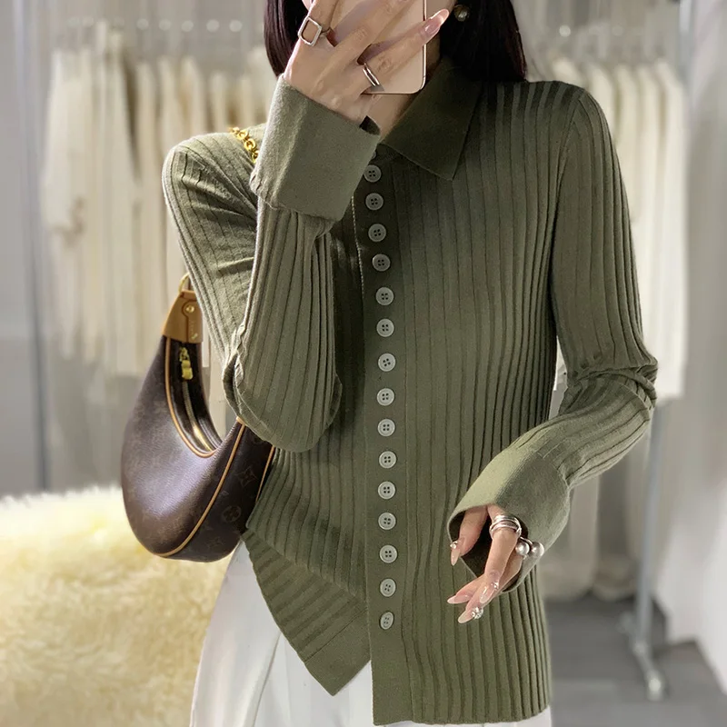 Women\'s Cardigan Autumn/Winter 100% Wool Sweater Casual Solid Color Knitted Sweater POLO Neck Tops All-match Basic Slim Blouse