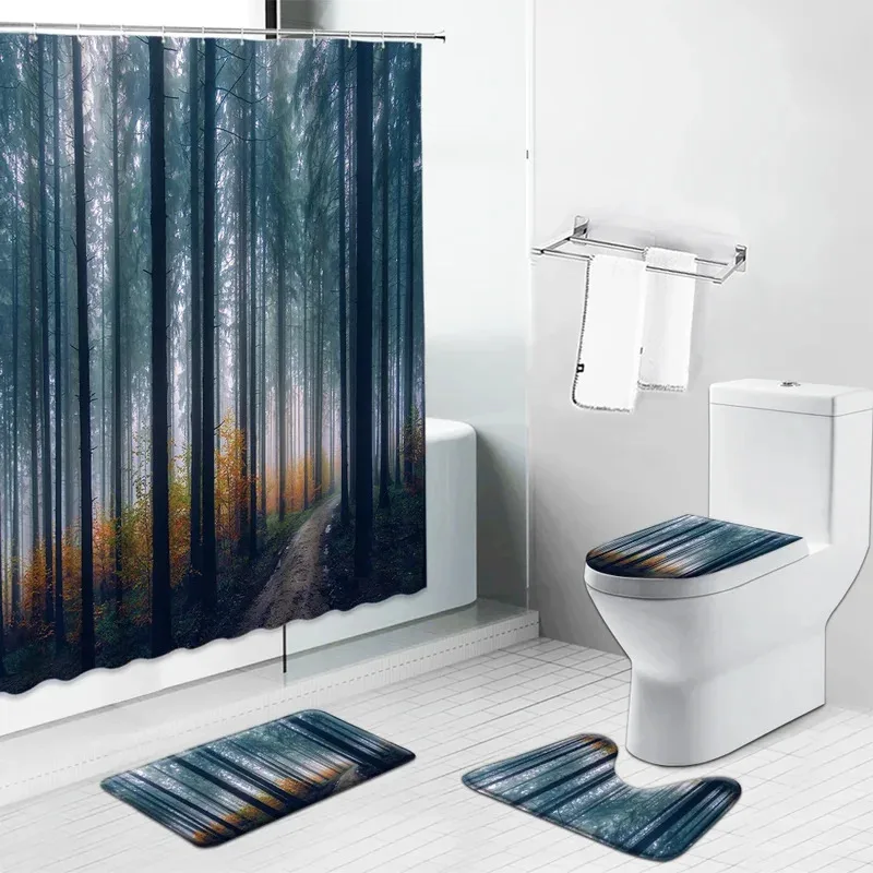 

HKL22Fog Forest Shower Curtain Bathroom Curtains Red Trees Leaves Landscape Flannel Non-Slip Rugs Toilet Cover Carpet Bath M3Lh!