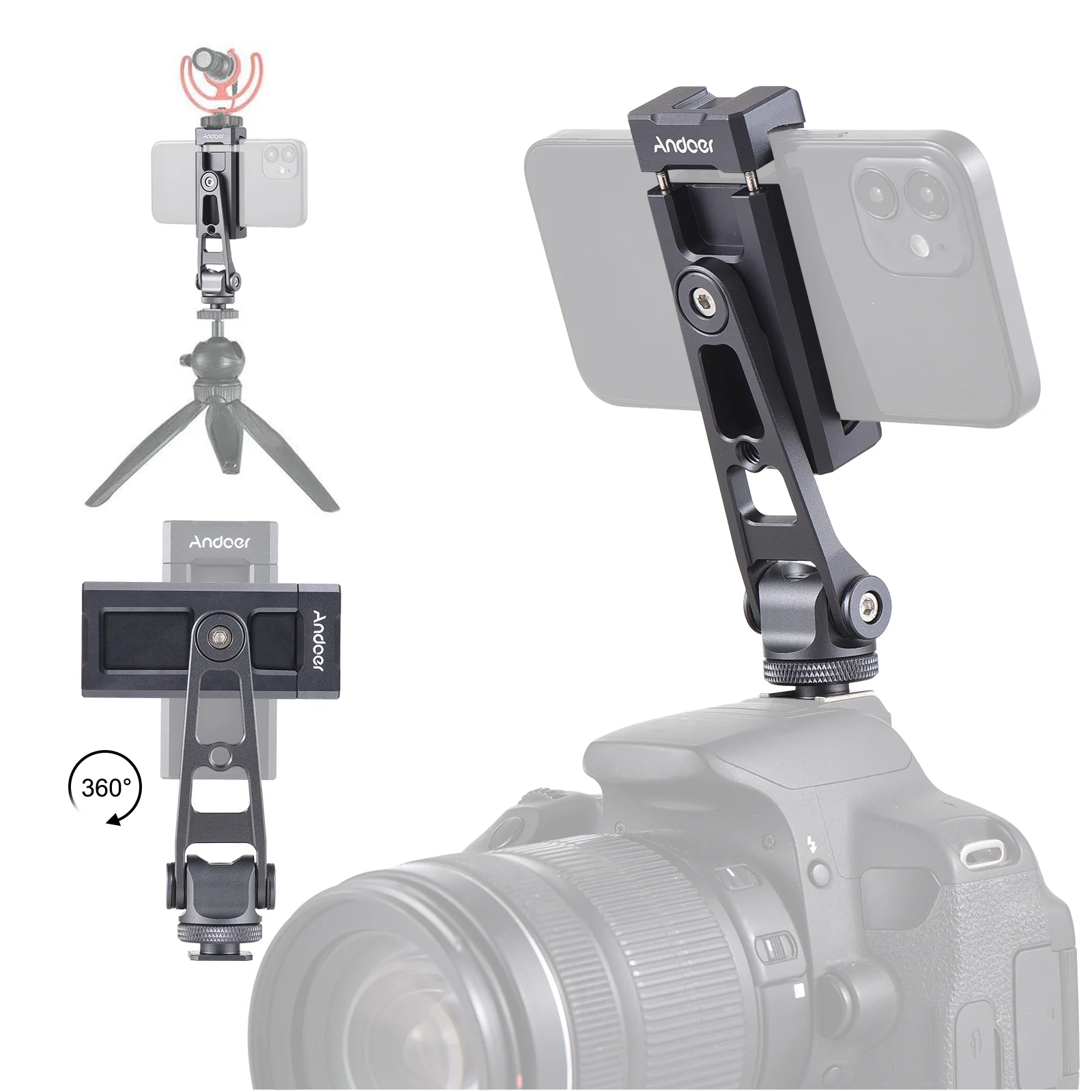 Andoer Phone Holder Clamp Multi-functional Aluminum Alloy 360° Rotatable with Dual Cold Shoe Mounts for iPhone 14/13/12/11