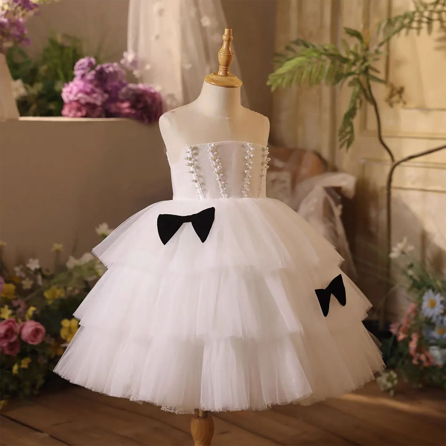 Dreamy Vow D106 vestido blanco para niña, estilo de lazo de perlas para niños pequeños, fiesta de cumpleaños, vacaciones, comunión, vestido de baile corto de princesa