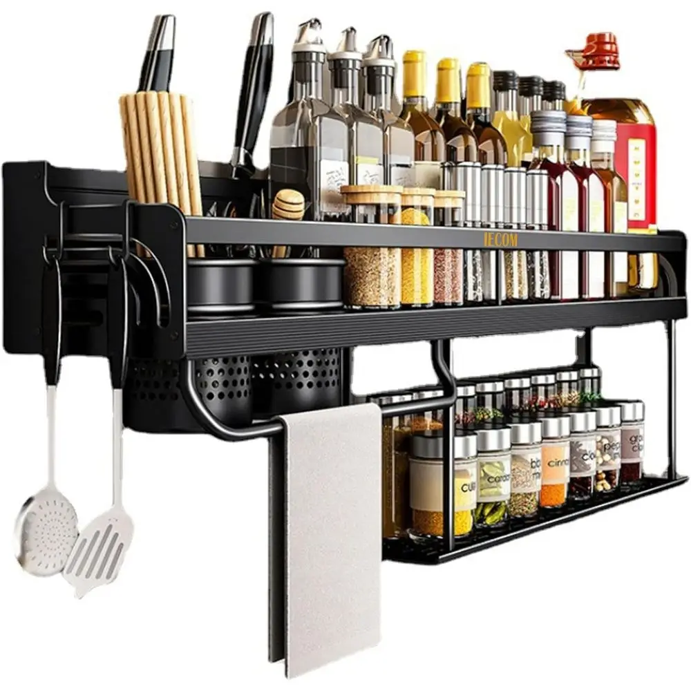 

New Home Essentials Spice Rack Wall Mount, Multi-Use Kitchen Organizer with Utensil Holder, 19 Hanging Organizer Wall Spice Rack