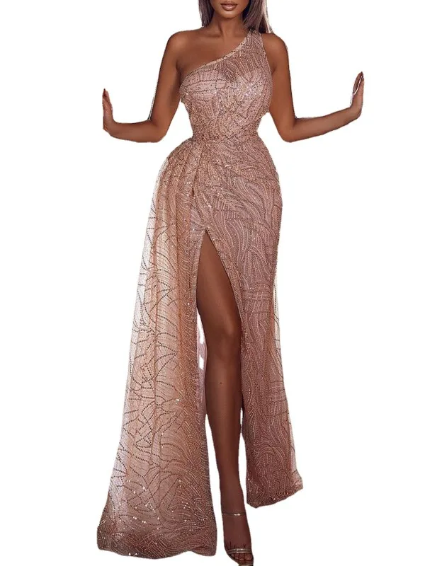 セクシーなワンショルダーの誕生日パーティー用ドレス、女性用エレガントなロングイブニングガウン、ハイウエスト、シンプル、ノースリーブ、フロア丈