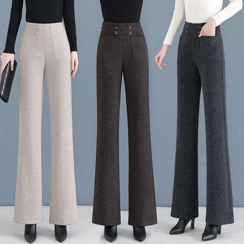 

Simplicity Fashion Autumn Woolen Flare Pants Women Solid Elastic High Waist Casual Plus Velvet Thicken Slim Straight Trousers