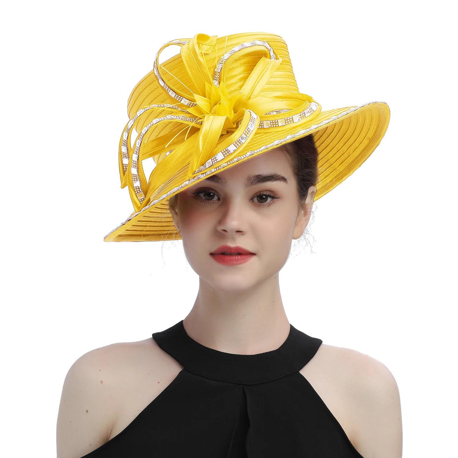 Yellow Fashion Satin Cloth Church Hat Deluxe Luxury Elegant Photography Hat Beauty Fancy Formal Flower Fascinator Hat Female