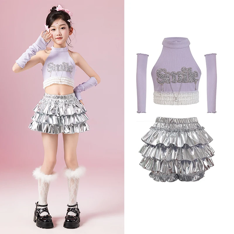 

Kpop Girls Jazz Dance Clothes Summer Street Wear Navel Tops Silver Skirt Hip Hop Outfits Children Cheerlead Dance Costume L16069