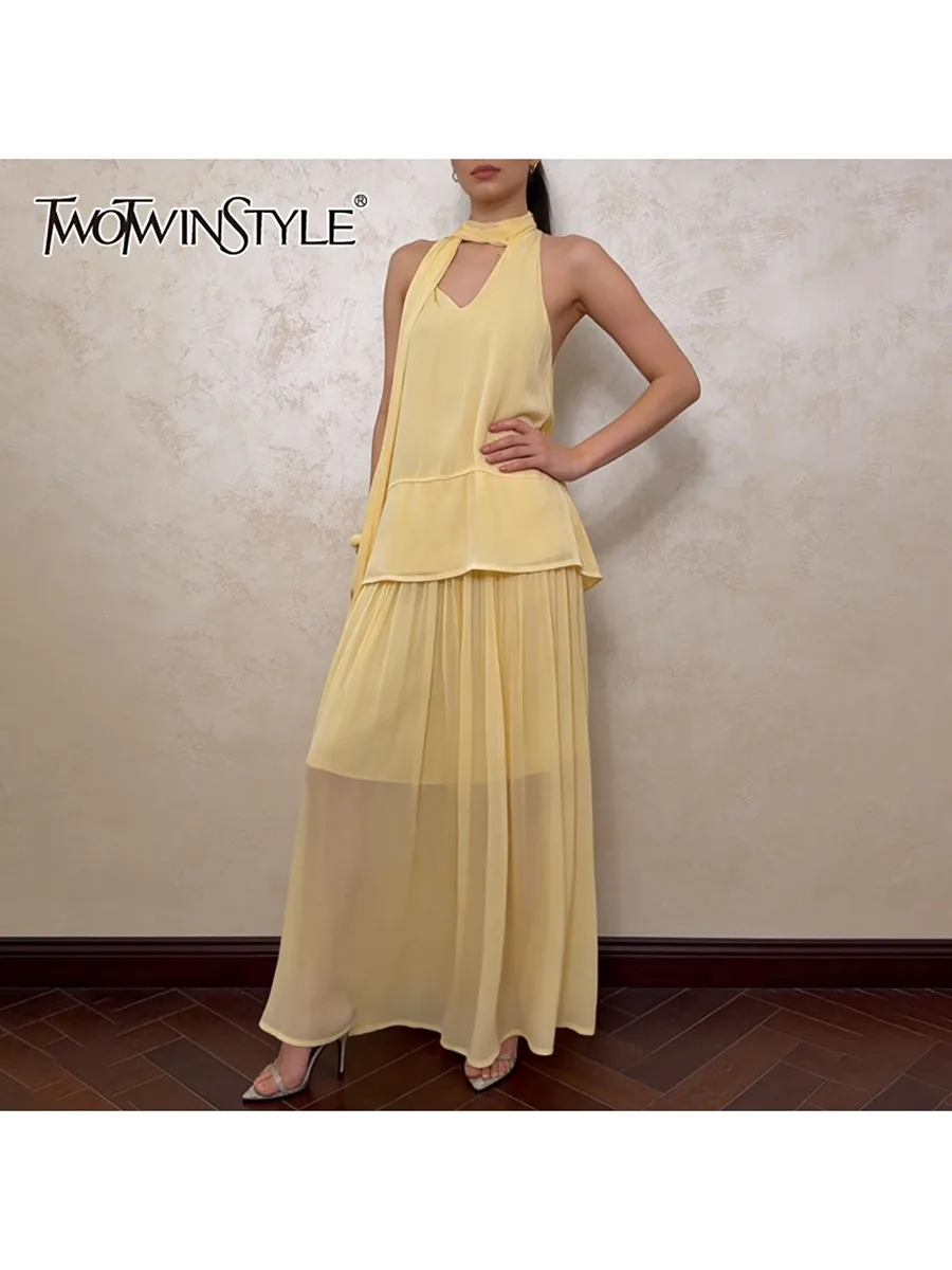 

TWOTWINSTYLE Solid Two Piece Sets for Women V Neck Sleeveless Lace Up Top High Waist A Line Skirt Casual Set Female Fashion 2026