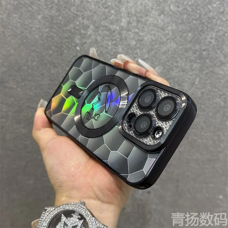 For iPhone15 case iPhone11 Laser Water Cube iPhone14promax Magnetic iPhone13 Drop resistant iPhone12 with lens film