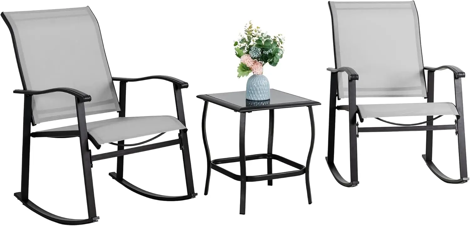 

3-Piece Outdoor Rocking Bistro Set - Textilene Chairs + Glass Table (Light Gray)